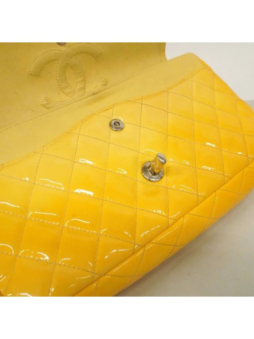 Chanel Shoulder Bag Quilted Patent Leather Yellow Silver